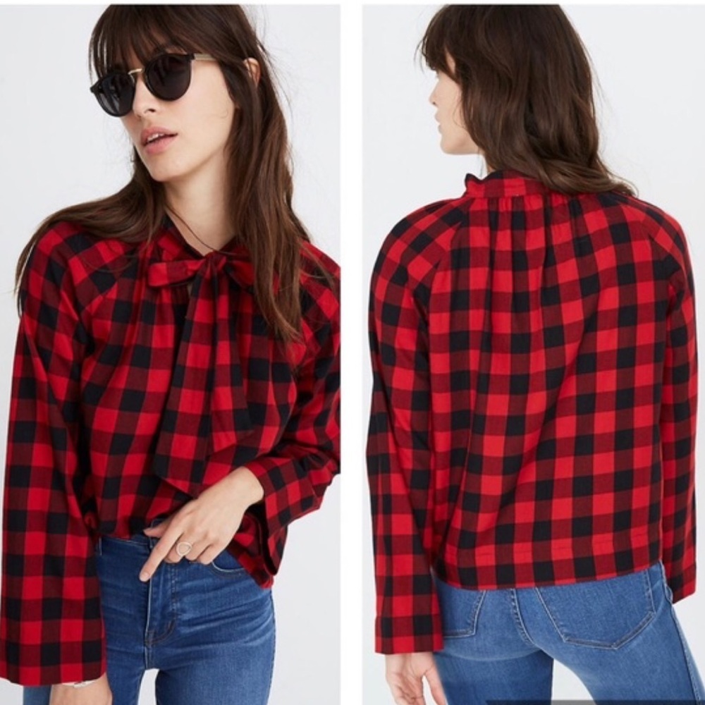 Madewell Tie-Neck Popover Shirt in Buffalo Check size M
